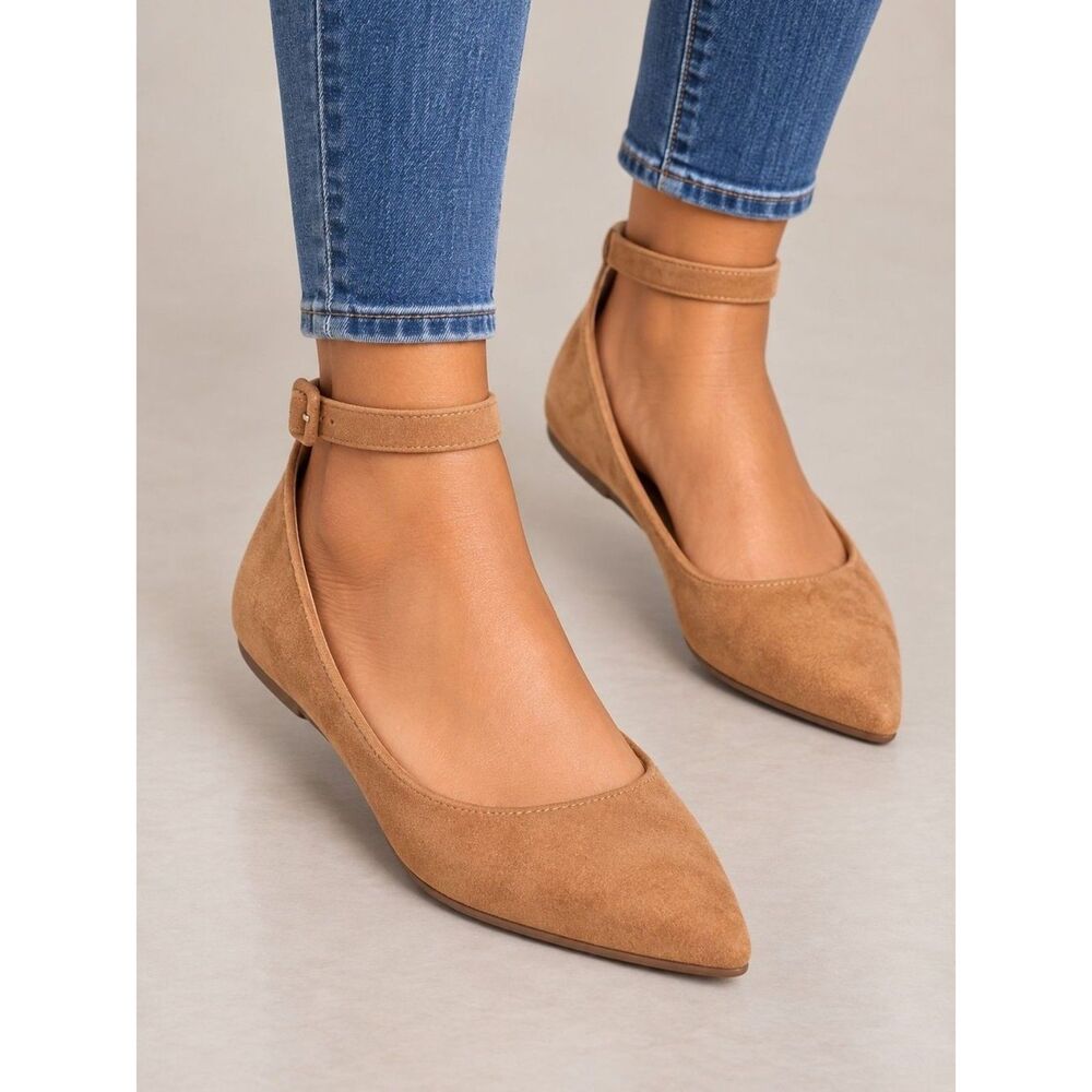MilaLady Joyce Camel Suede Pointed-Toe Ankle-Strap Flats - NWOB